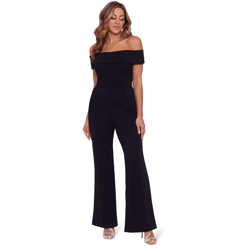 XSCAPE Over-the-Shoulder Scuba Crepe Jumpsuit in Black Size 14